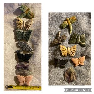 7 pieces assorted stone nature carvings; a leaf, 2 dragonflies & 3 butterflies